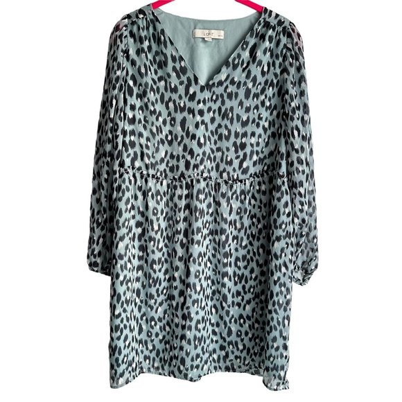 LOFT Ladies Petite Light Blue Animal Print Babydoll Long Sleeve V-Neck Dress, MP - Picture 1 of 6